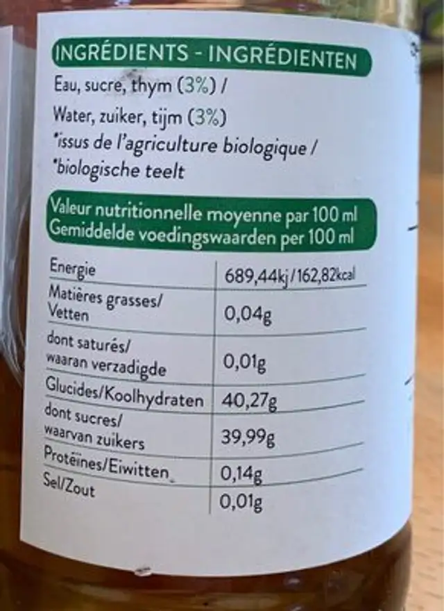 Sirop de Thym nutrition facts table