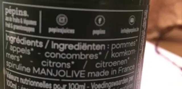 Jus de fruits et legimes ingredients label