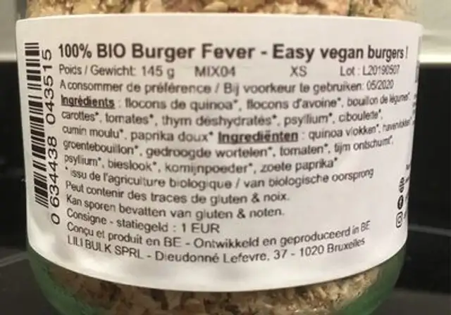 Burger Fever ingredients label