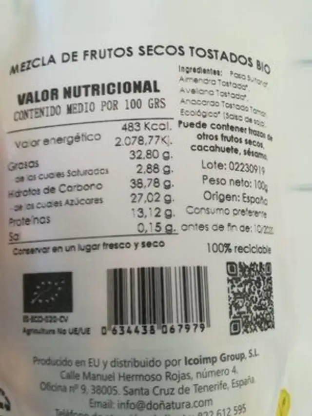 Mezcla de frutos secos tostados bio nutrition facts table