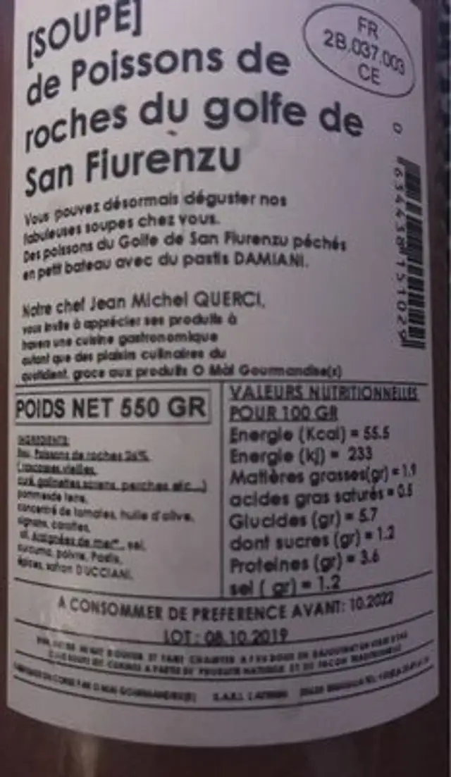 Soupe de poissons de roche nutrition facts table