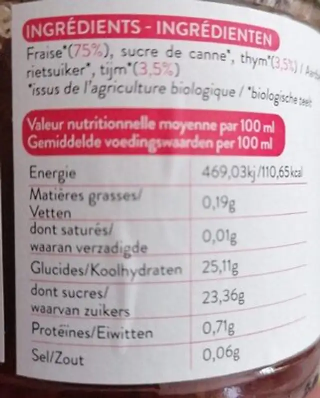 Confiture de fraise au thym nutrition facts table
