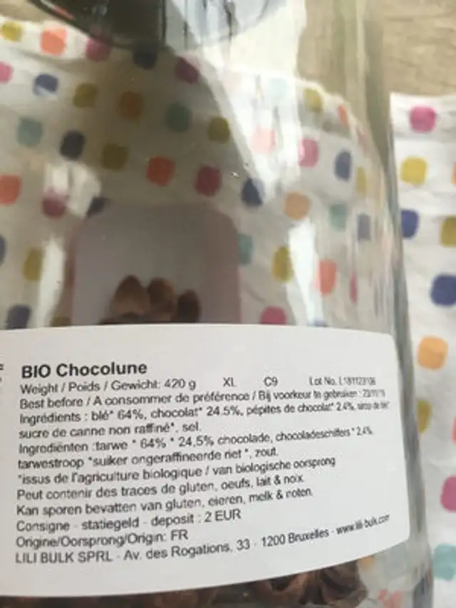 Bio Chocolune ingredients label
