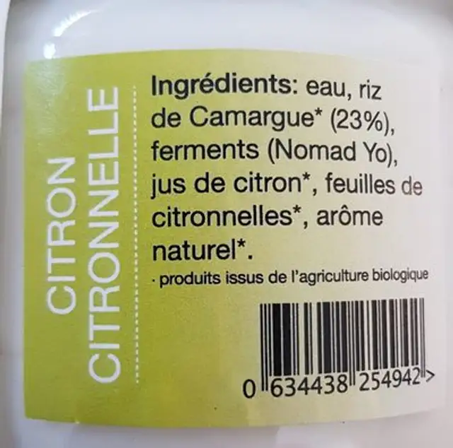 Crème riz / citron - citronnelle ingredients label