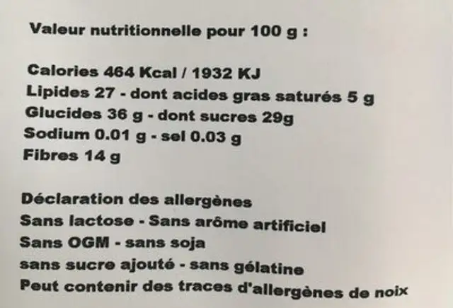 Paléo mix nutrition facts table