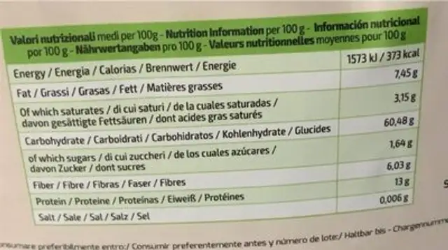 fiocchi di avena nutrition facts table