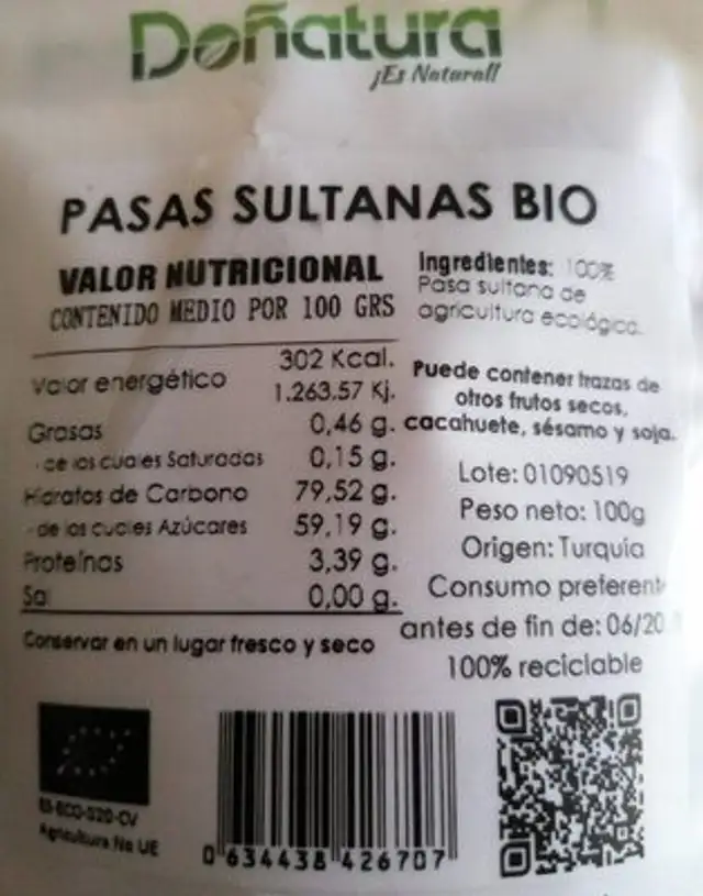 Pasas sultanas bio nutrition facts table