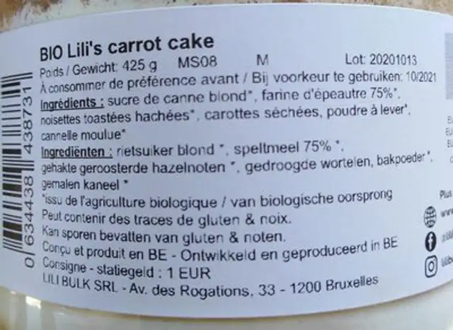 Carrot cake nutrition facts table