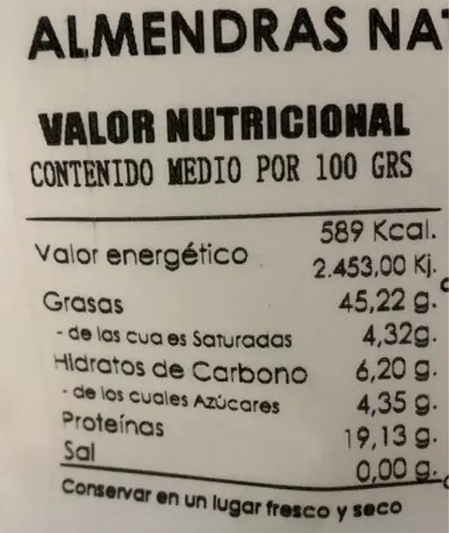 Almendras naturales bio nutrition facts table