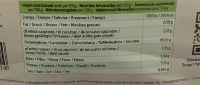 Oat meal instant oat flour nutrition facts table