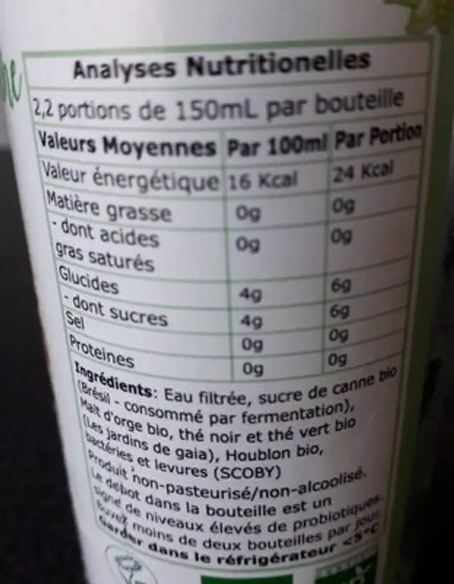 Kombucha nutrition facts table