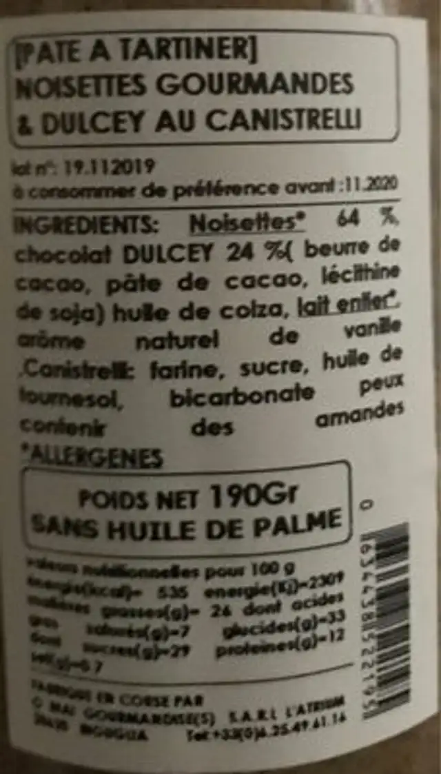 A dulceylina nutrition facts table