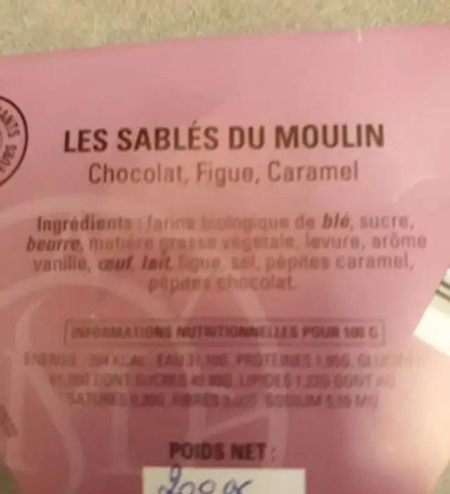 Les sablés du moulin nutrition facts table