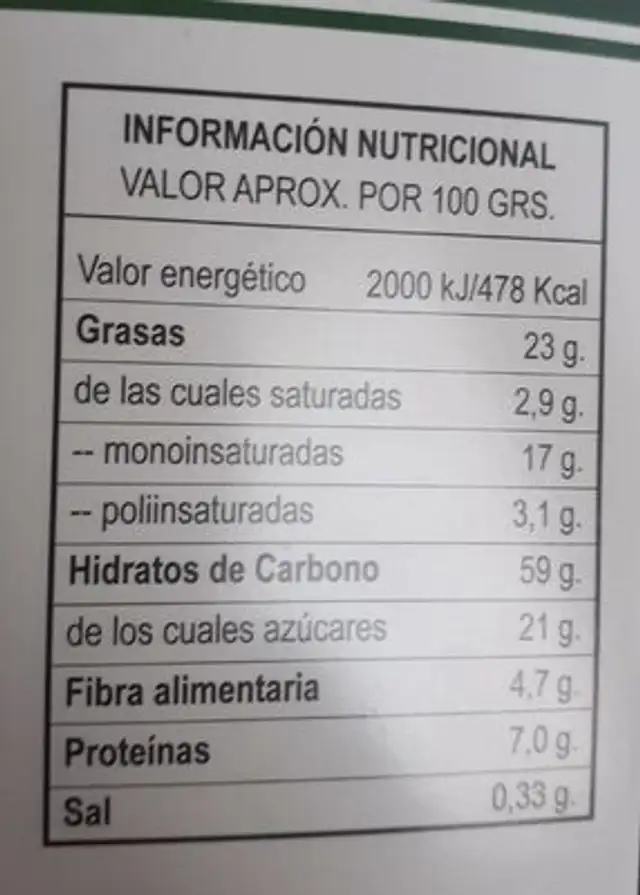Galletas con avena y almendras nutrition facts table