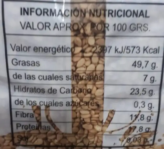 Sésamo tostado de cultivo ecológico nutrition facts table
