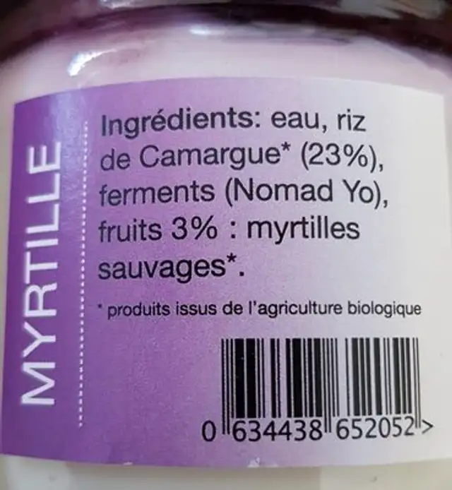 Crème riz / Myrtille ingredients label