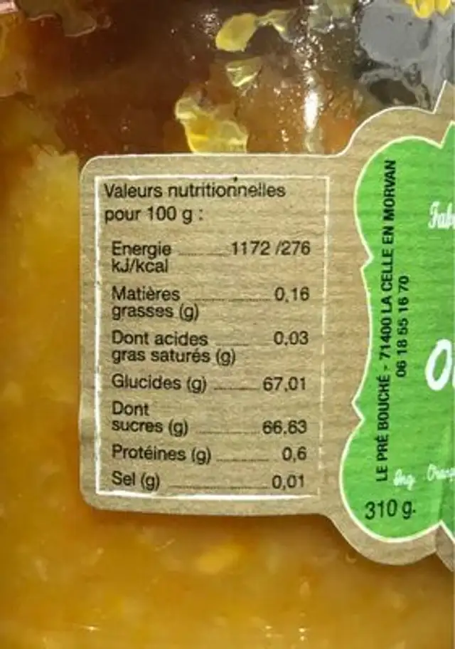 Confiture Orange Bio nutrition facts table
