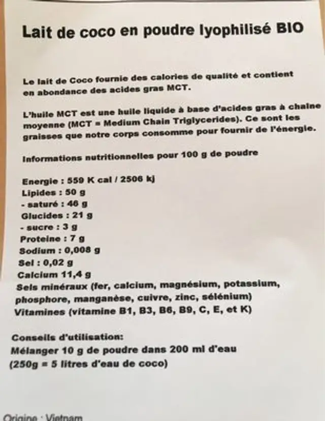 Laitde coco en poudre ingredients label