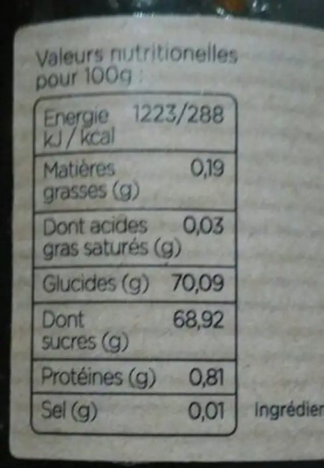 Confitures de figue bio nutrition facts table