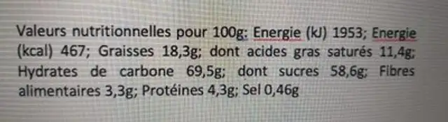 My chocolate fondant nutrition facts table