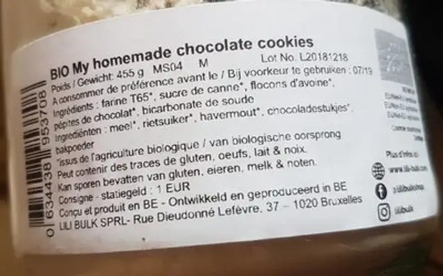 My homemade choc' cookies ingredients label