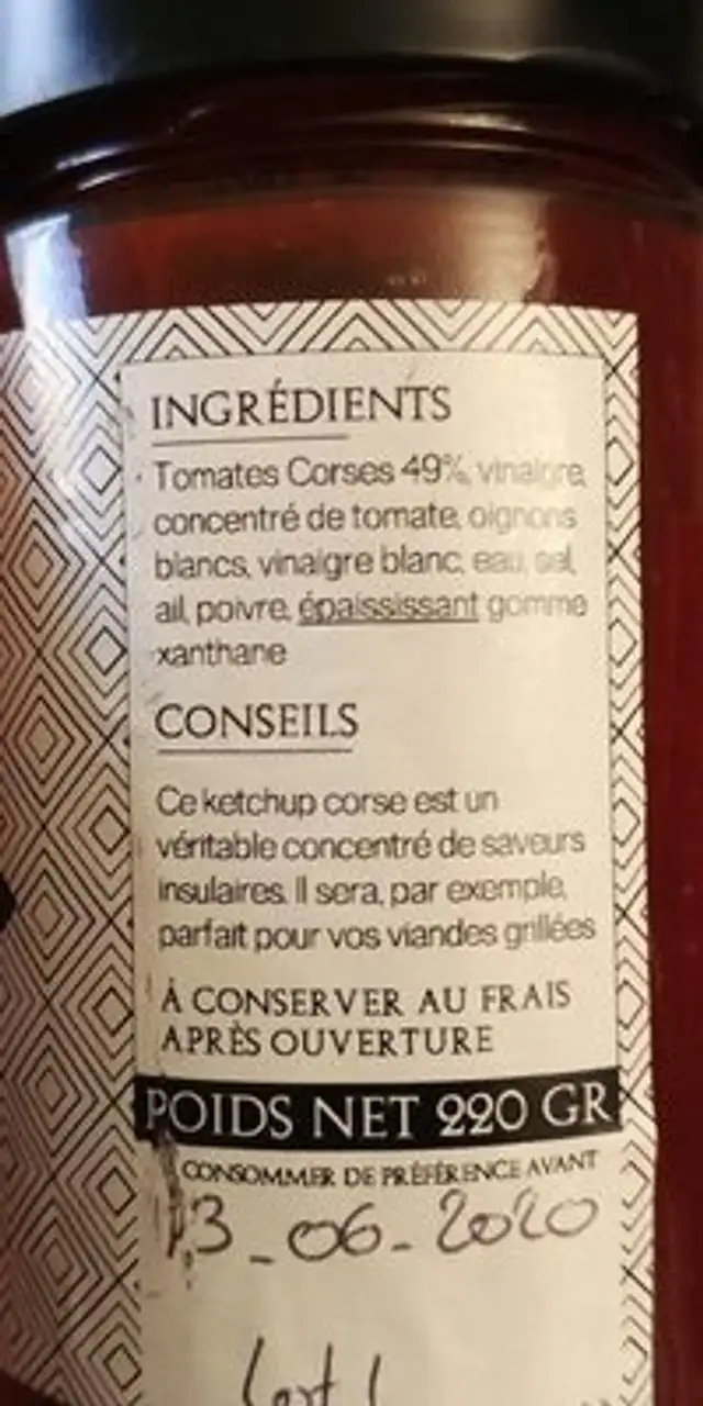 Ketchup aux tomates corses ingredients label