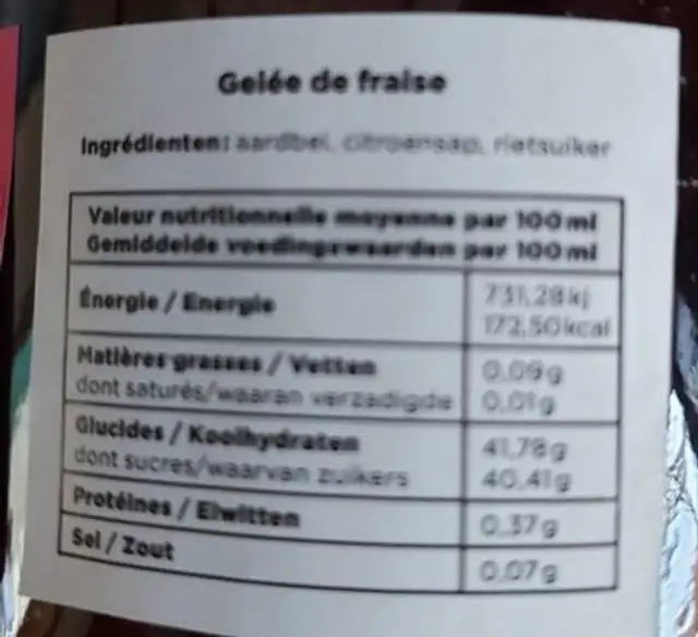 Passion locale fraise nutrition facts table