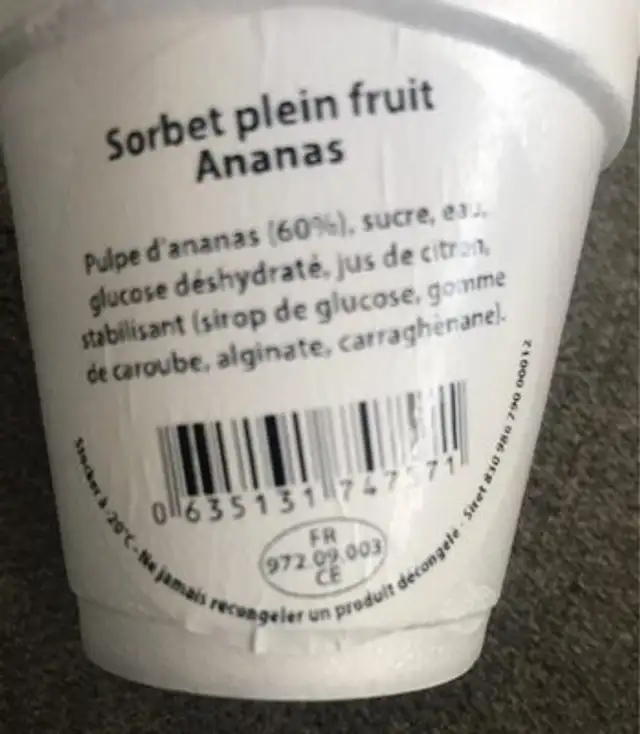 Sorbet plein fruit ananas ingredients label