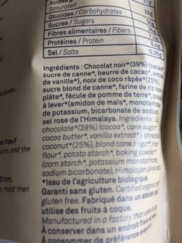 Préparation Pour Marbré Choco-coco ingredients label