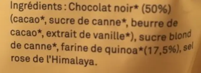 Préparation Pour Fondant Au Chocolat à La Farine De Quinoa ingredients label