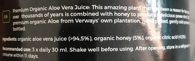 Aloe Vera drinking gel ingredients label