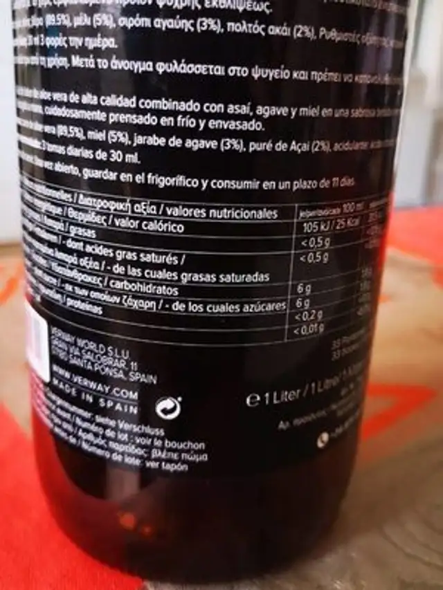 Aloe Vera dinking gel nutrition facts table