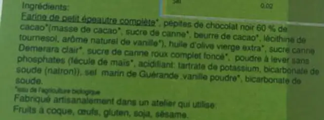 Cookies ingredients label