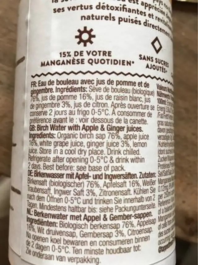 Eau de bouleau ingredients label