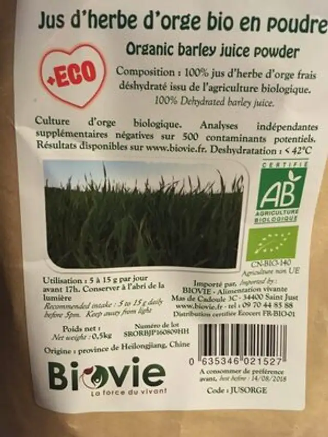 Jus d'herbe d'orge bio en poudre ingredients label