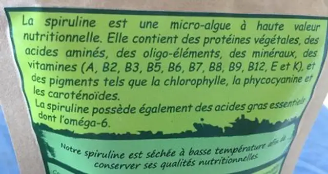 Spiruline ingredients label