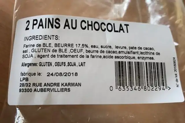 2 pains au chocolat ingredients label