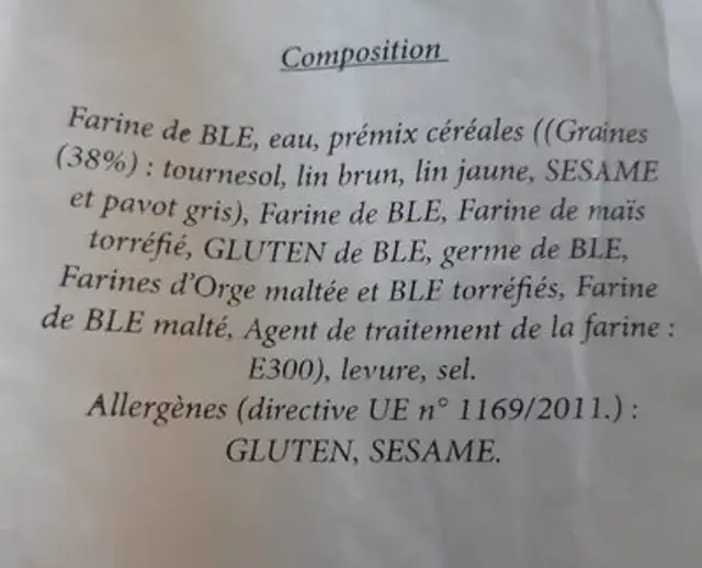 Baguette Multi Céréales ingredients label