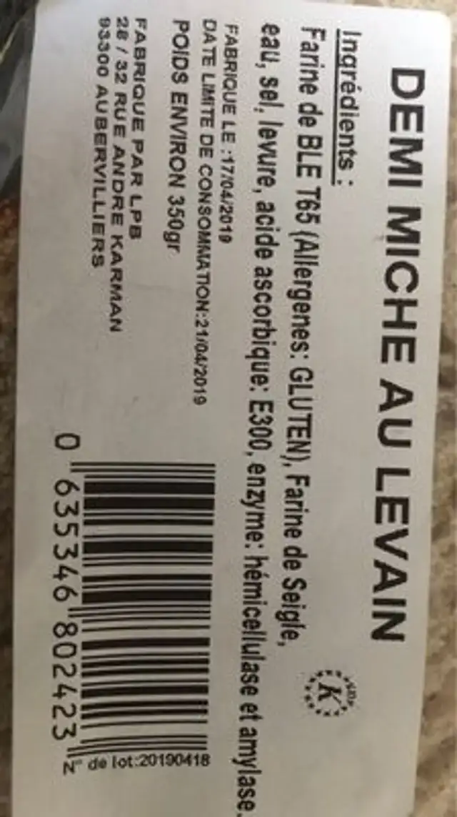 Demi miche au levain ingredients label