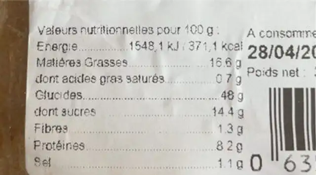 Brioche nature nutrition facts table