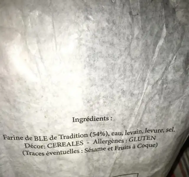 Pain aux cereales ingredients label