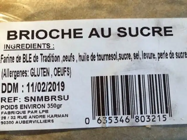 Brioche au sucre ingredients label