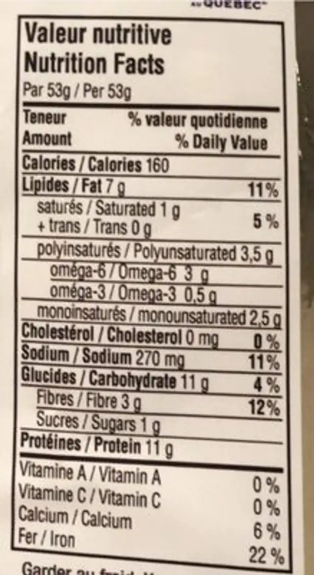 Vegane burger sésame nutrition facts table