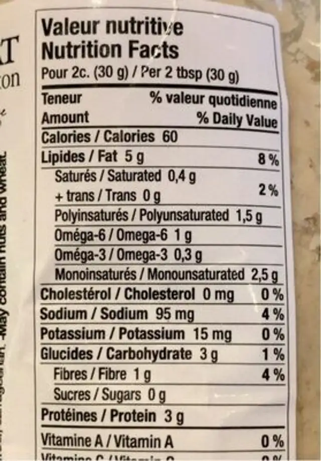 Végé Creton classique nutrition facts table