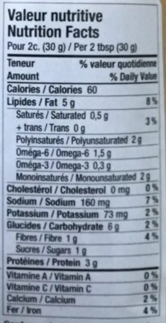 Végé Pâté nutrition facts table