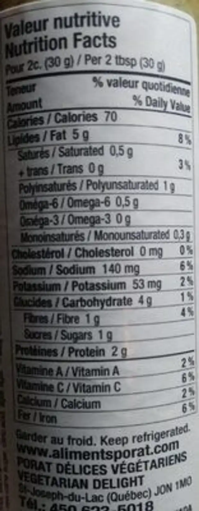 Porat végé pâté pesto nutrition facts table