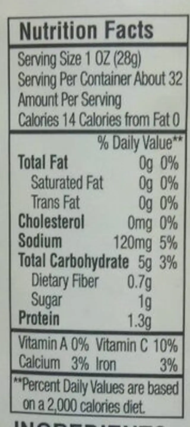 Sliced Cabbage Kimchi nutrition facts table