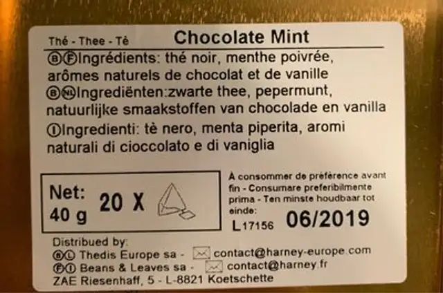 Chocolate Mint nutrition facts table