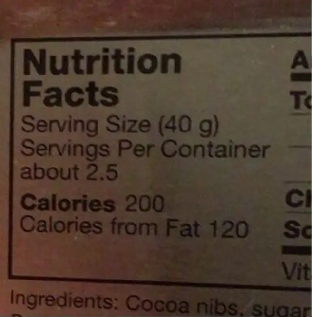 Milk chocolate nutrition facts table