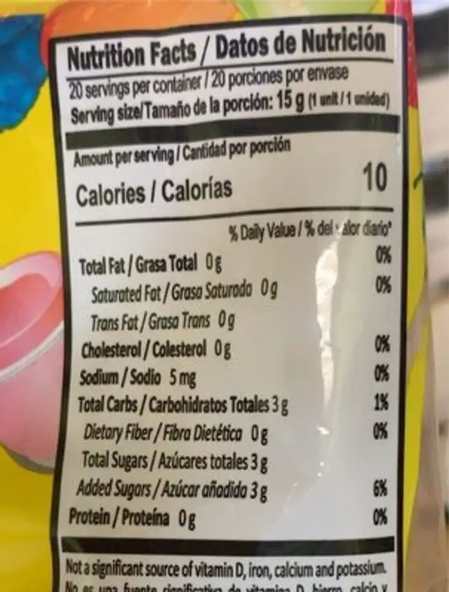 JellySnack nutrition facts table